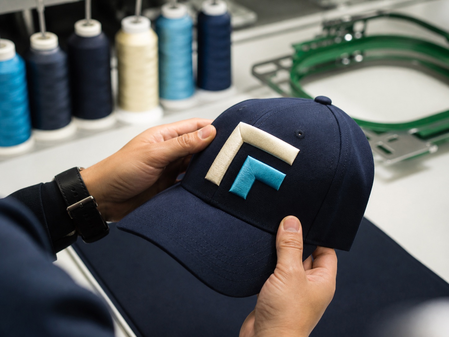 Technical stitch construction for 3D embroidery Quality inspection of raised 3D embroidery on a navy cap
