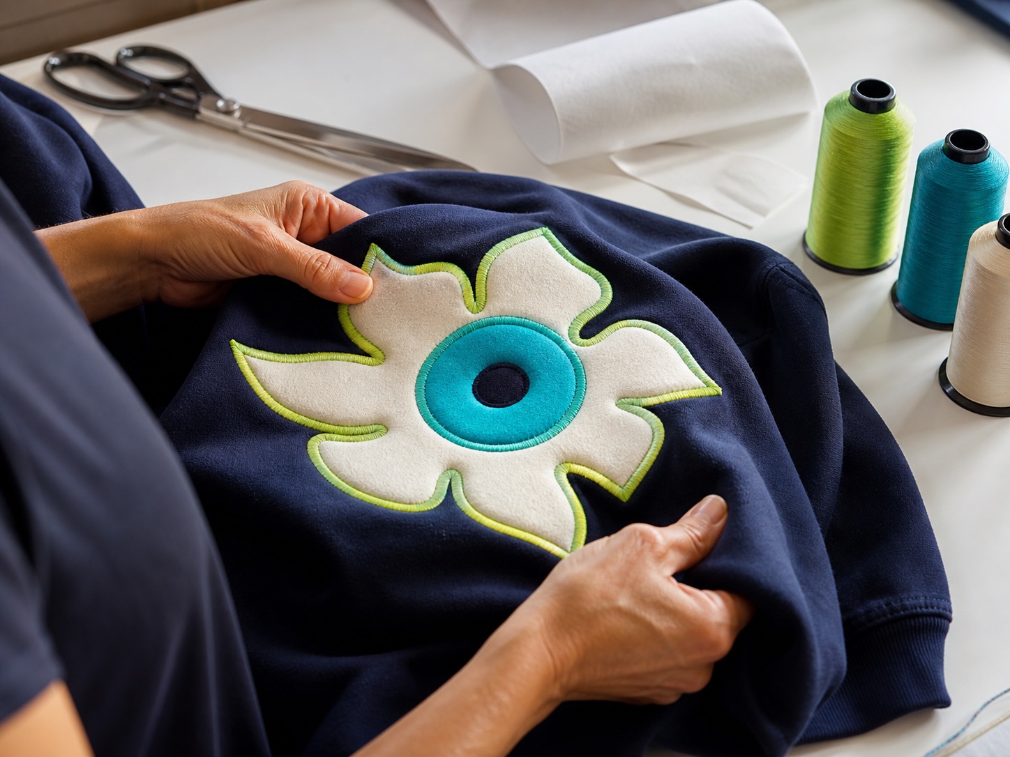 Detail of professional appliqué edge finishing Finished layered fabric applique inspected on a navy sweatshirt