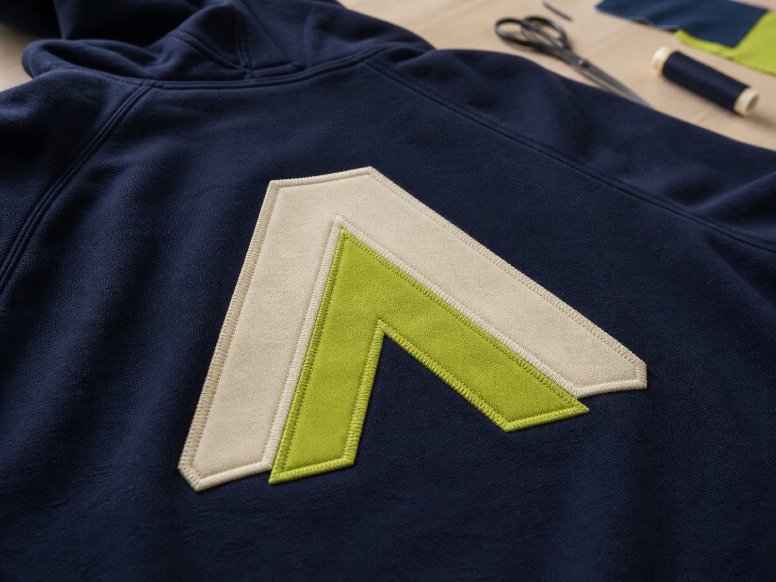 Detalle del acabado profesional del borde de aplique Sudadera azul marino terminada con bordado aplique crema y verde
