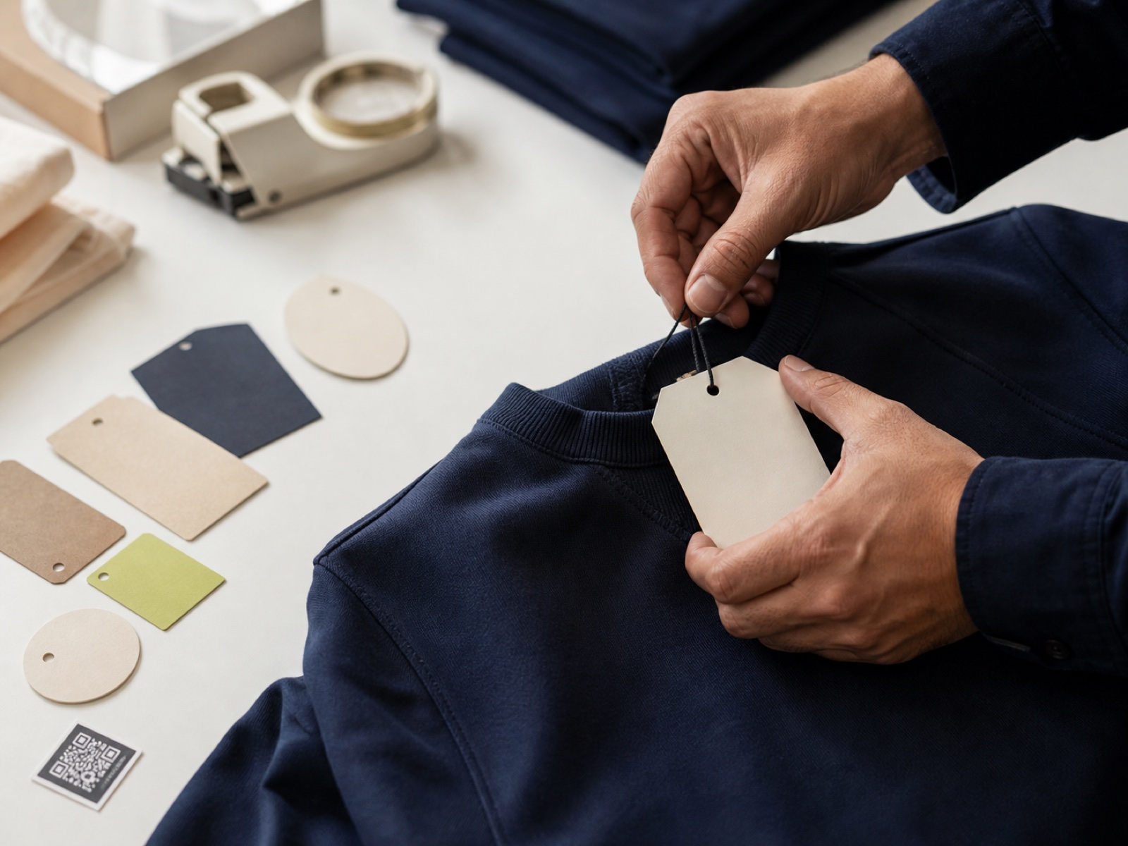 Etiquetas colgantes personalizadas para marcas en AJDN Colocación manual de una etiqueta colgante en una sudadera
