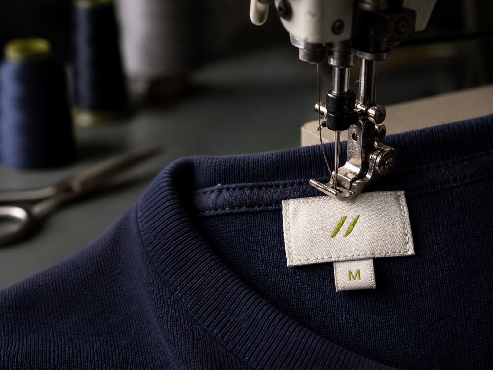 Etiquetas de cuello personalizadas para marcas en AJDN Costura de una etiqueta de cuello tejida en una camiseta azul marino