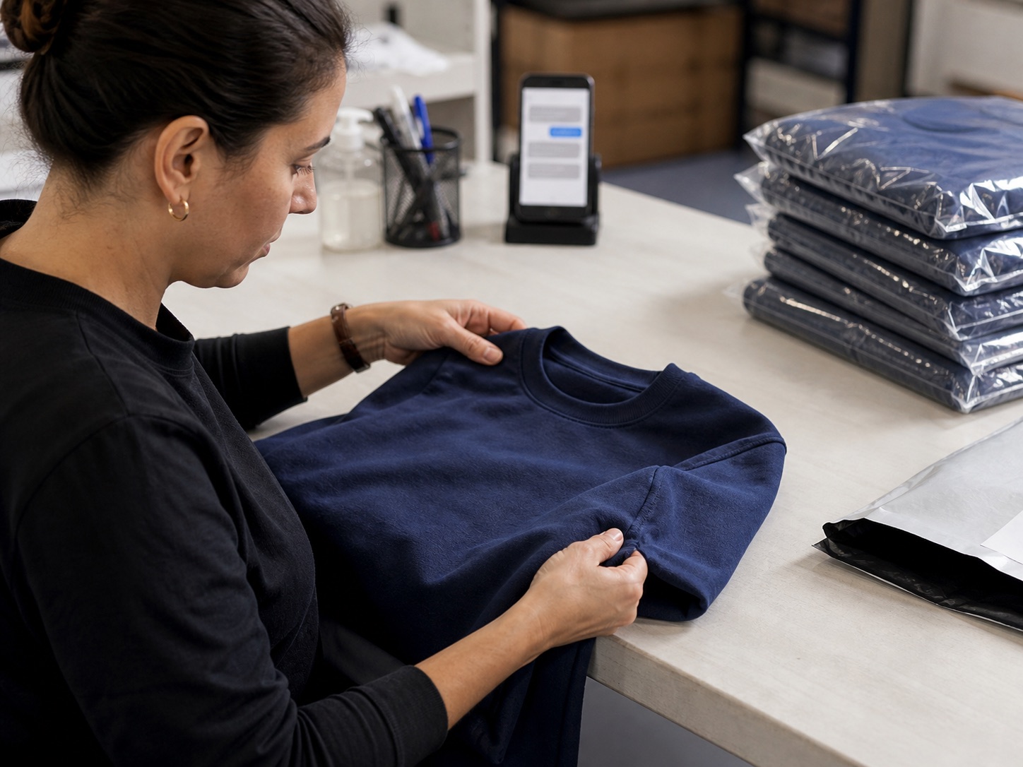 Returns processing and garment inspection for clothing brands at AJDN Returned navy sweatshirt inspected for condition and quality
