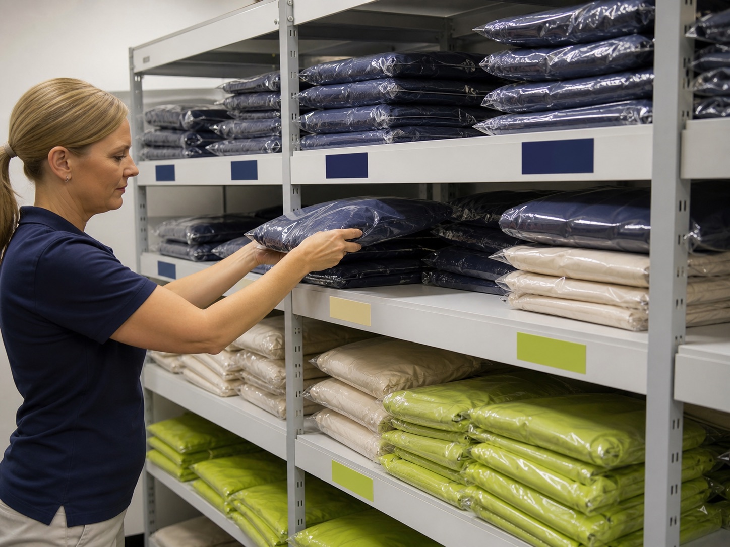Textile storage and garment inventory at AJDN Organised textile stock stored by colour in professional shelving