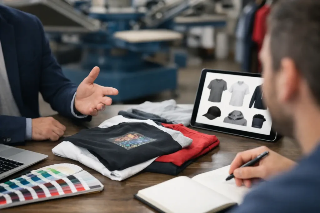 Zakelijke klanten bespreken textieldruk bij printer en productstalen