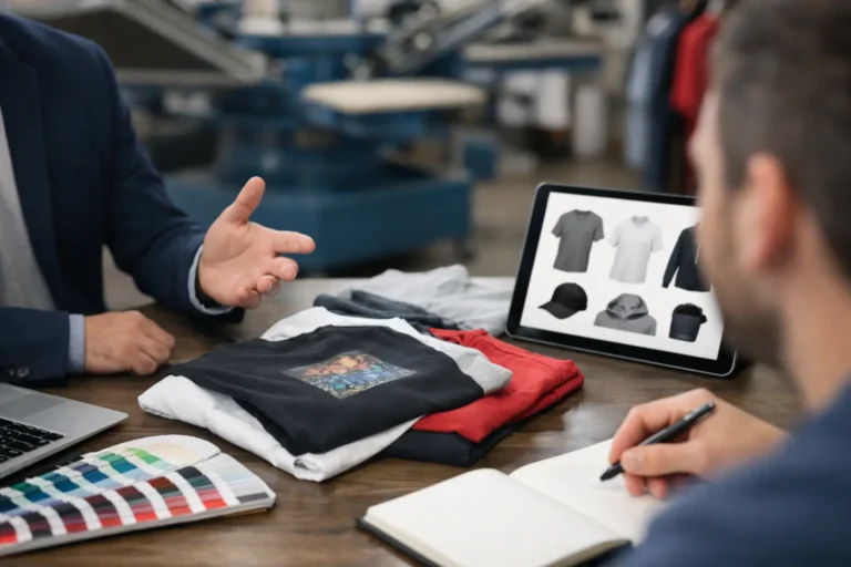 Zakelijke klanten bespreken textieldruk bij printer en productstalen