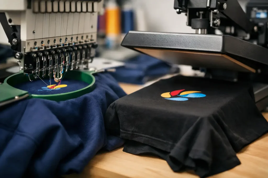 Borduurmachine personaliseert donker textiel met gekleurd garen