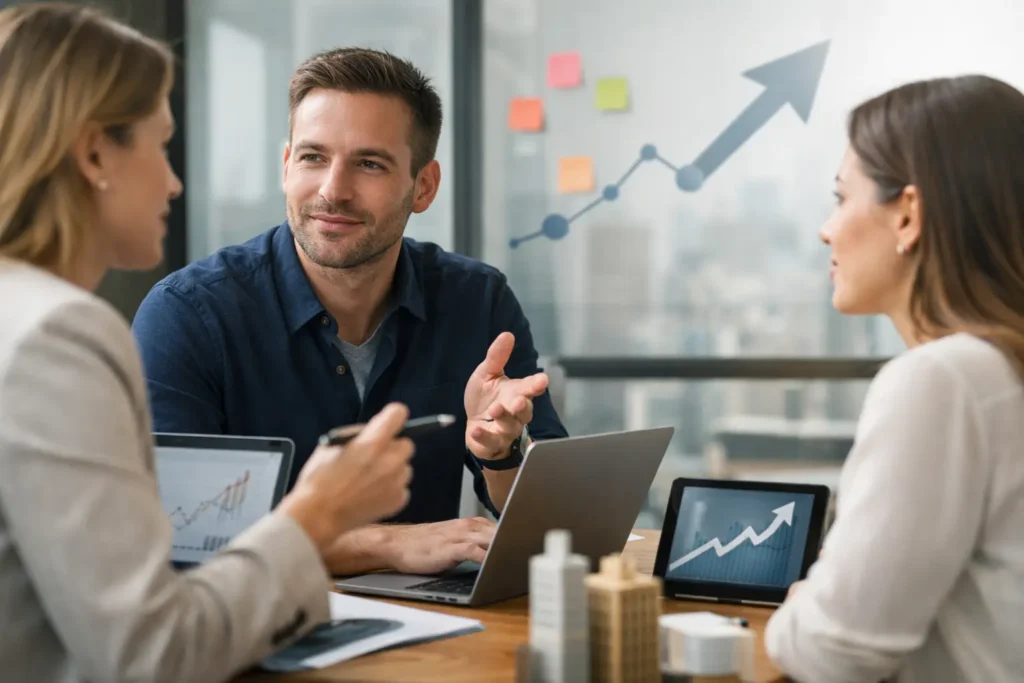 Textielprofessional bespreekt planning en resultaten bij een whiteboard