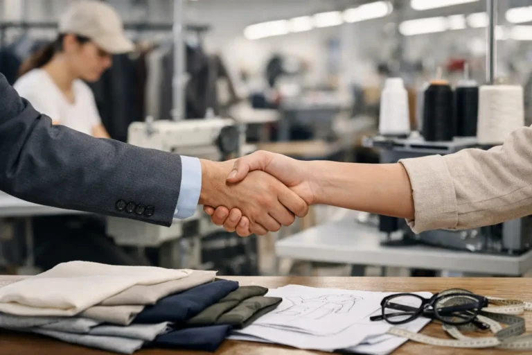 Kledingprofessionals overleggen in een textielproductieomgeving