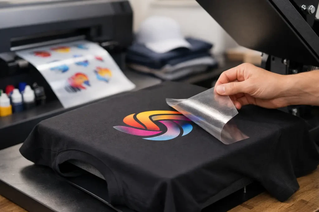 Hand verwijdert een transferfilm van een kleurrijke DTF-print