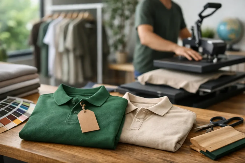 Medewerker controleert beige textiel voor duurzame bedrijfskleding