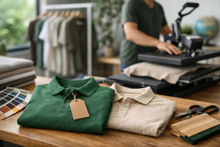 Medewerker controleert beige textiel voor duurzame bedrijfskleding