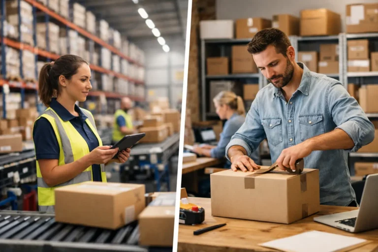 Magazijnmedewerker verwerkt dozen en kledingvoorraad met een tablet