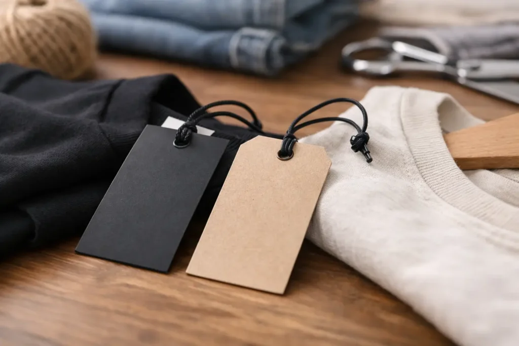 Zwarte hangtag met koord naast opgevouwen kleding
