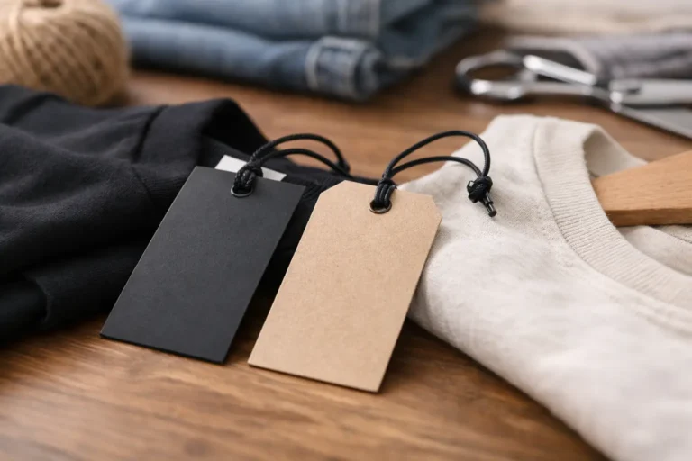 Zwarte hangtag met koord naast opgevouwen kleding