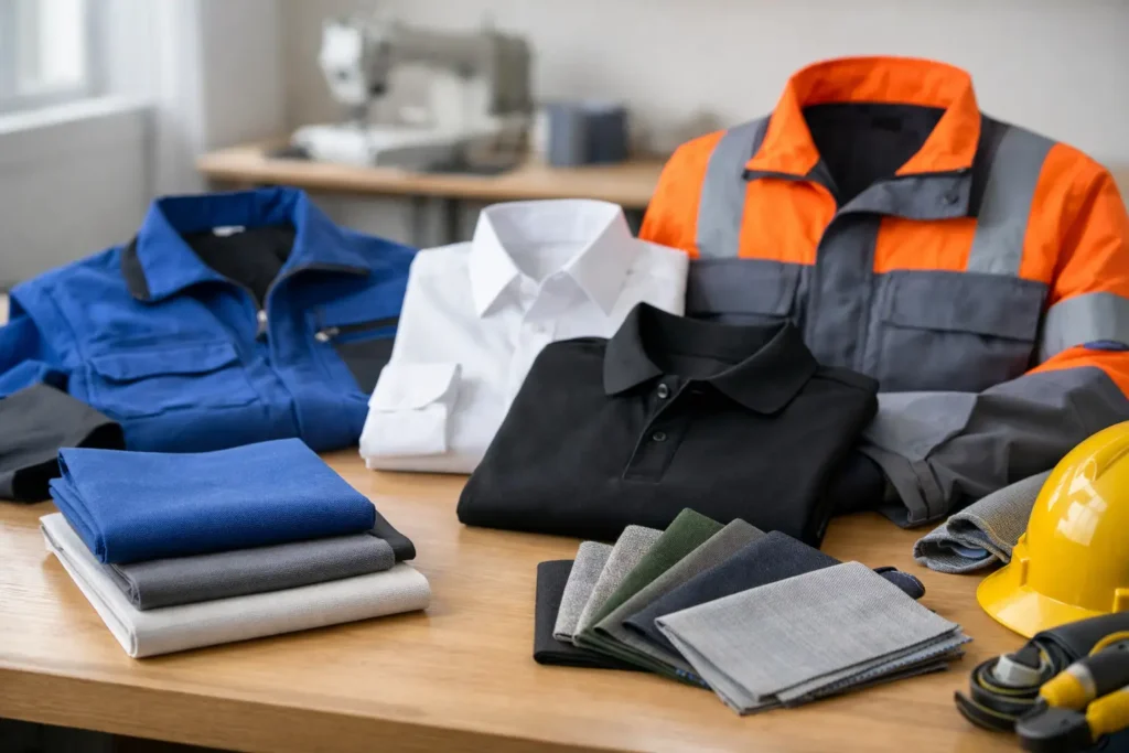 Stalen van wit, blauw en oranje textiel voor bedrijfskleding