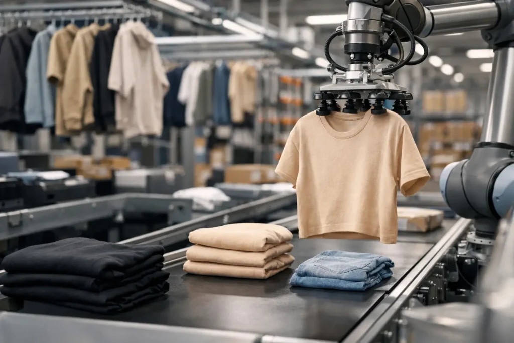 Geautomatiseerde apparel fulfilment met kledingrekken en transportsysteem