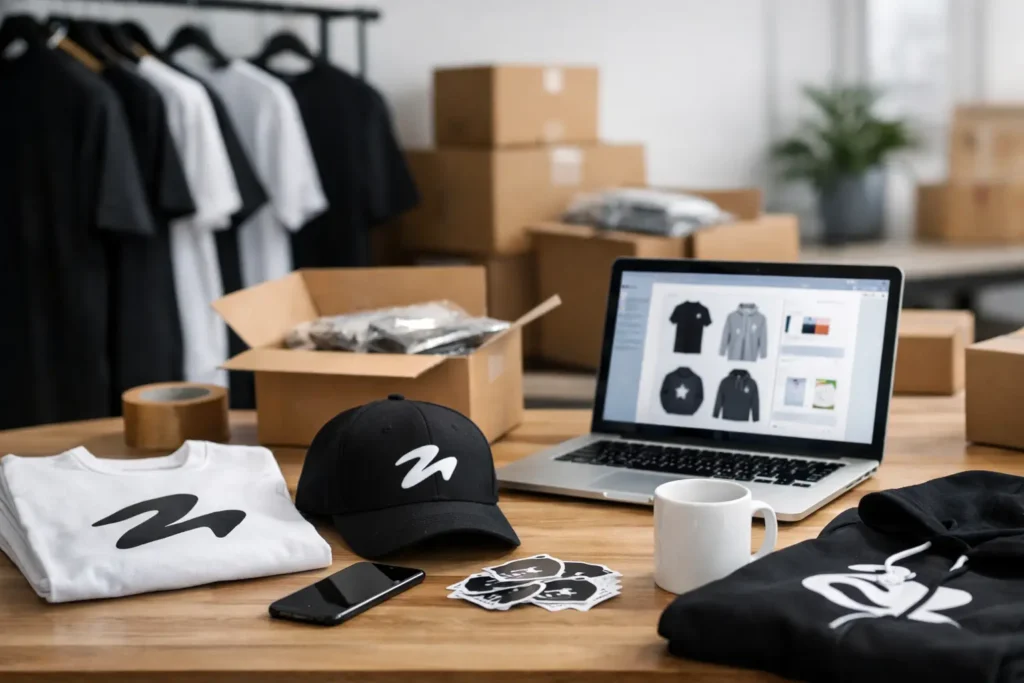 Merchandisevoorraad, verzenddozen en een laptop met productoverzicht
