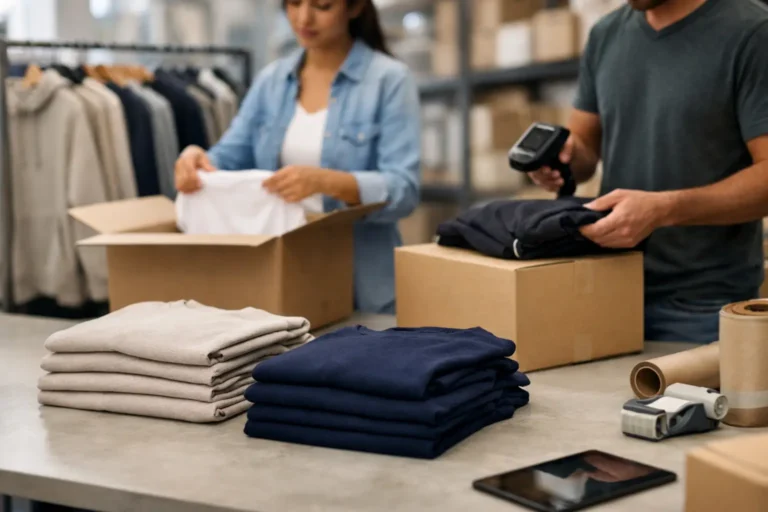 Medewerkers scannen en verpakken kledingorders voor fulfilment