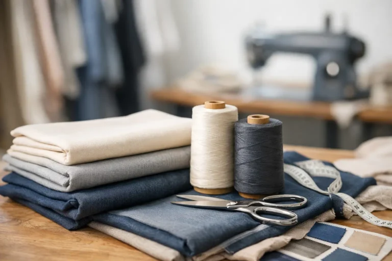 Garenklossen en textiel op een werktafel voor kwaliteitscontrole