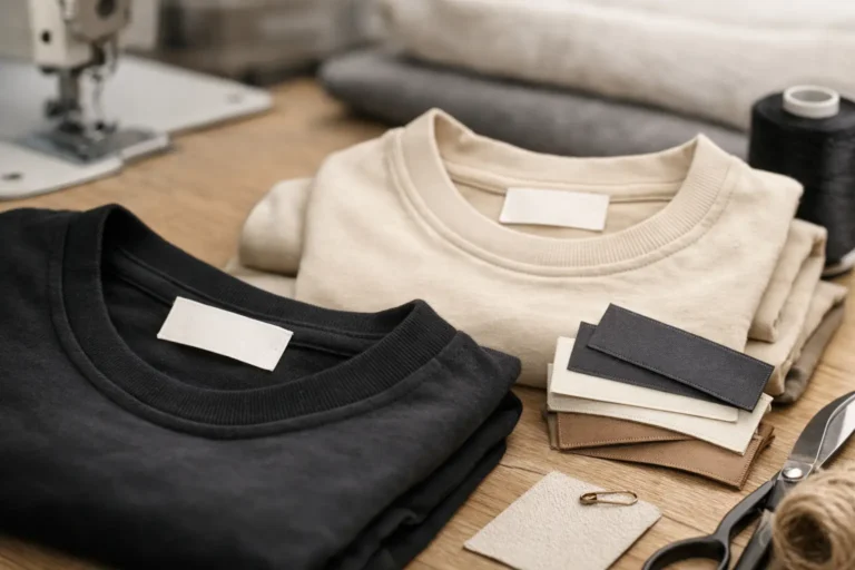 Hand plaatst een neklabel op opgevouwen beige kledingstukken