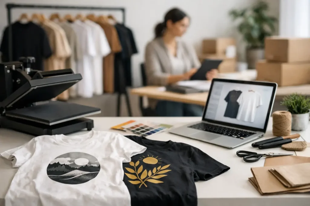 Ontwerper werkt met laptop in een kledingstudio voor print-on-demand