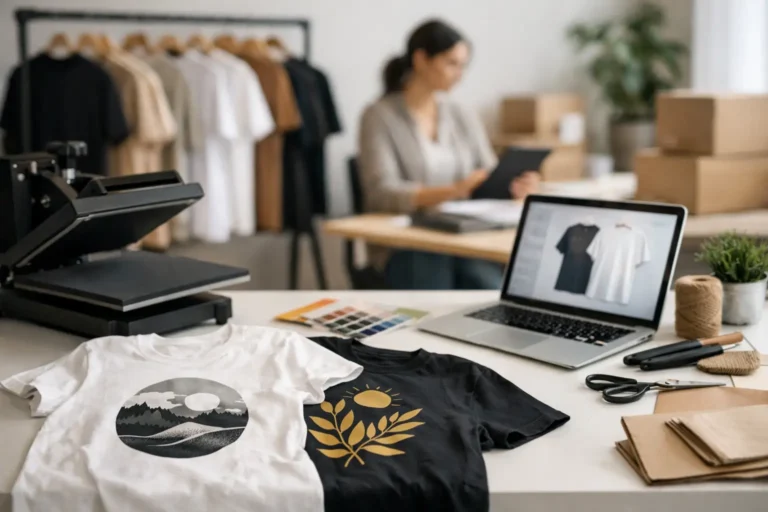 Ontwerper werkt met laptop in een kledingstudio voor print-on-demand