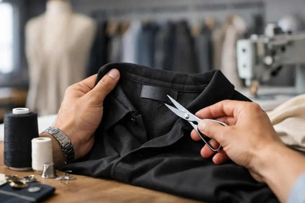 Handen bevestigen een zwart private-labelmerk aan een kledingstuk