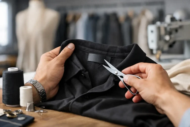 Handen bevestigen een zwart private-labelmerk aan een kledingstuk