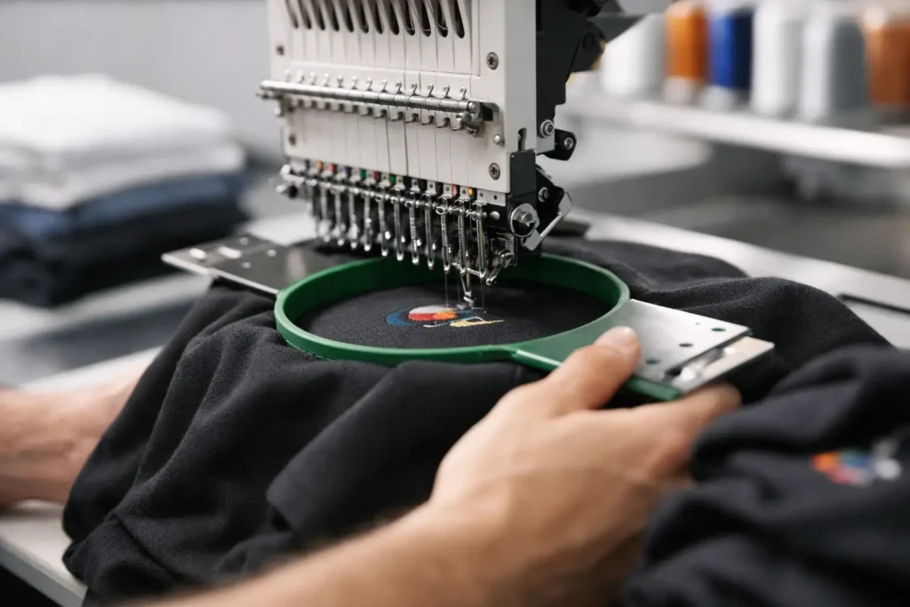 Industriële borduurmachine borduurt een groen logo op textiel
