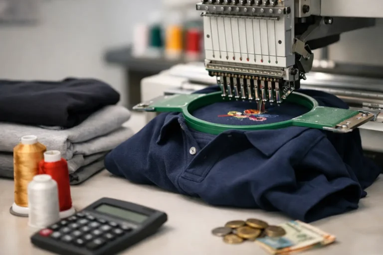 Industriële borduurmachine brengt een ontwerp op donker textiel aan