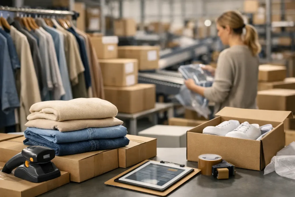 Medewerker verwerkt kledingvoorraad en orders in een fulfilmentmagazijn