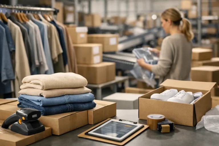 Medewerker verwerkt kledingvoorraad en orders in een fulfilmentmagazijn