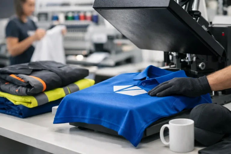 Printmachine bedrukt blauwe bedrijfskleding