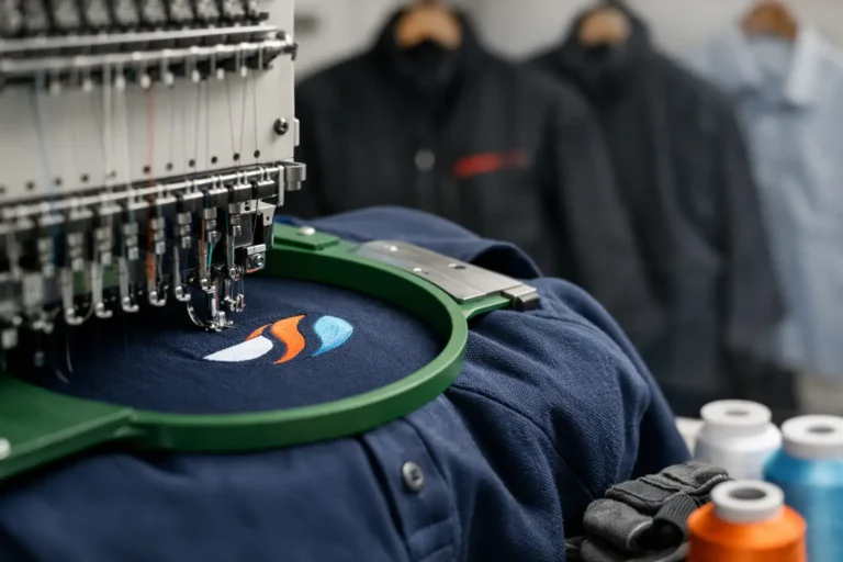 Borduurmachine brengt een logo op donkere bedrijfskleding aan
