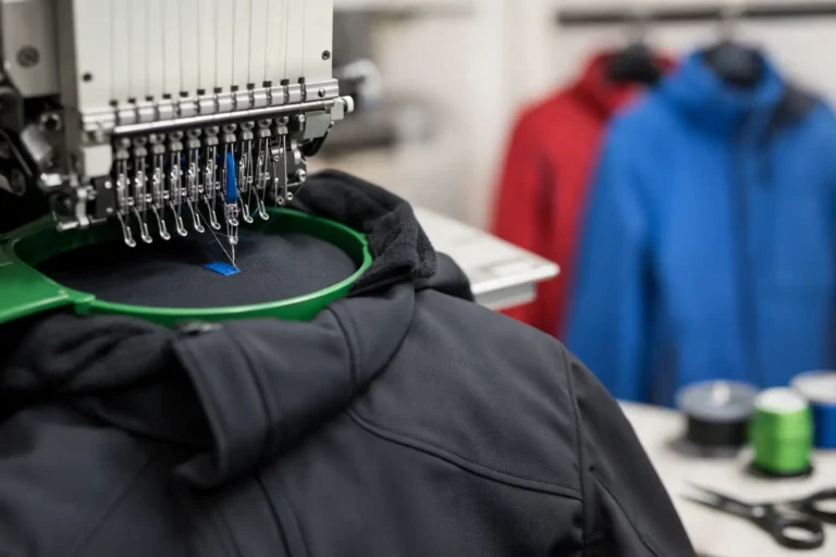 Softshell jas wordt onder een industriële borduurmachine geplaatst