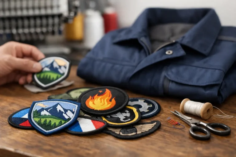 Geborduurde badge bevestigd op een donkerblauwe werkjas