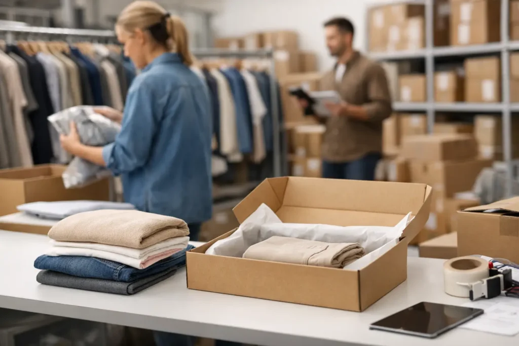Medewerker verwerkt kleding en verzenddozen voor fulfilment