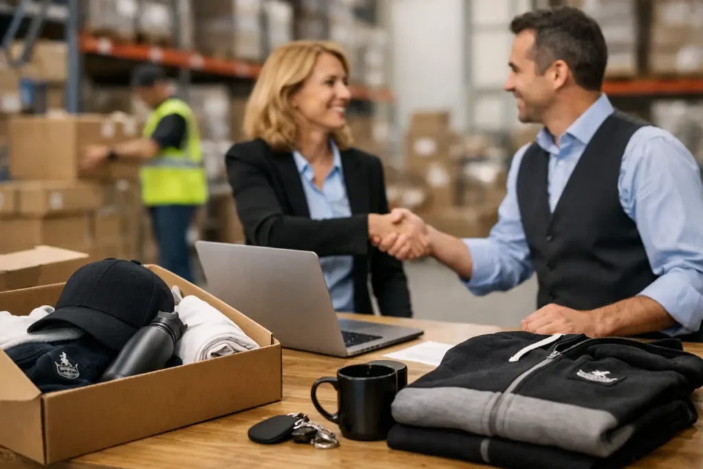 Merchandiseteam bespreekt voorraad en verzending in een magazijn
