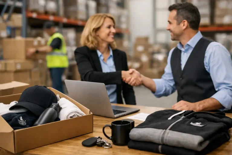 Merchandiseteam bespreekt voorraad en verzending in een magazijn
