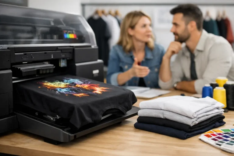 Kledingprofessionals bespreken een kleine DTG-productierun bij de printer