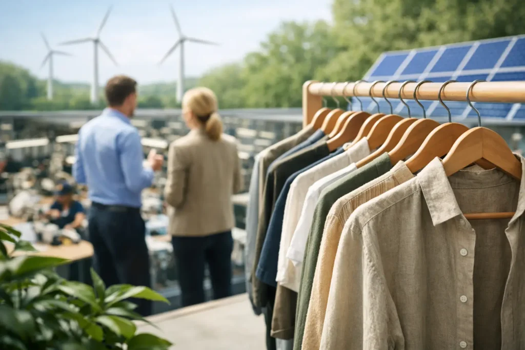 Duurzame kledingcollectie op rekken met hernieuwbare energie op de achtergrond