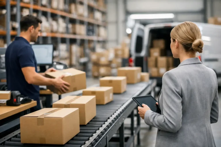 Medewerker verwerkt kledingbestellingen in een magazijn
