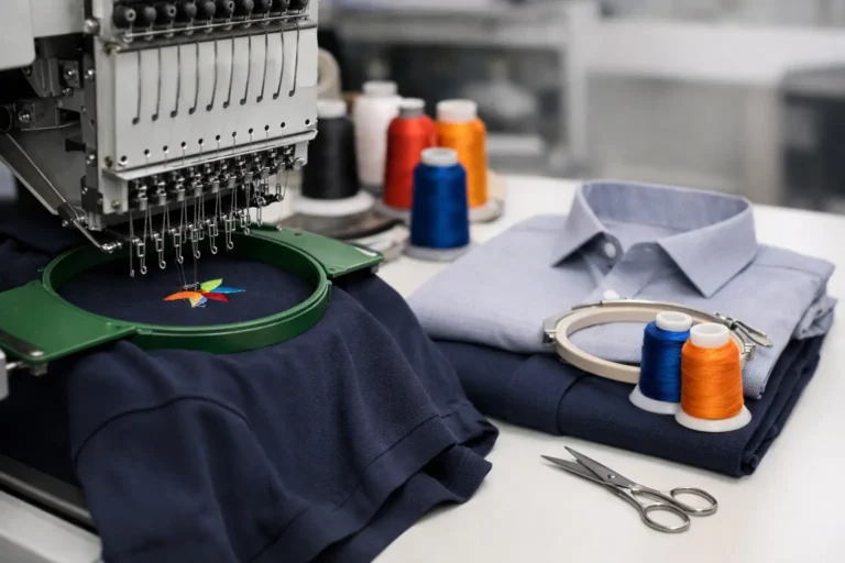 Industriële borduurmachine borduurt een logo op corporate wear