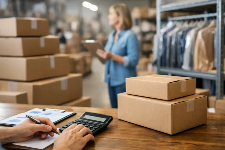 Medewerker telt dozen en kledingvoorraad voor een kledingmerk