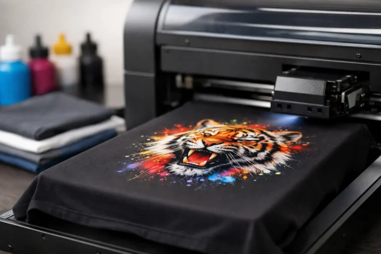 Detailcontrole van een kleurrijke DTG-print tijdens het drukproces
