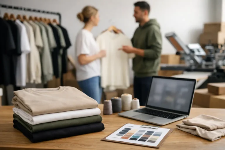 Kledingprofessionals bespreken duurzame basiskleding in een showroom