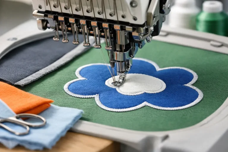 Borduurmachine zet een appliquévorm vast op blauw textiel