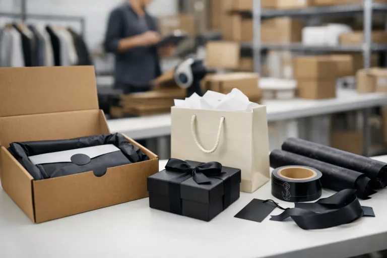 Medewerker verpakt kledingorders in een branded fulfilmentomgeving