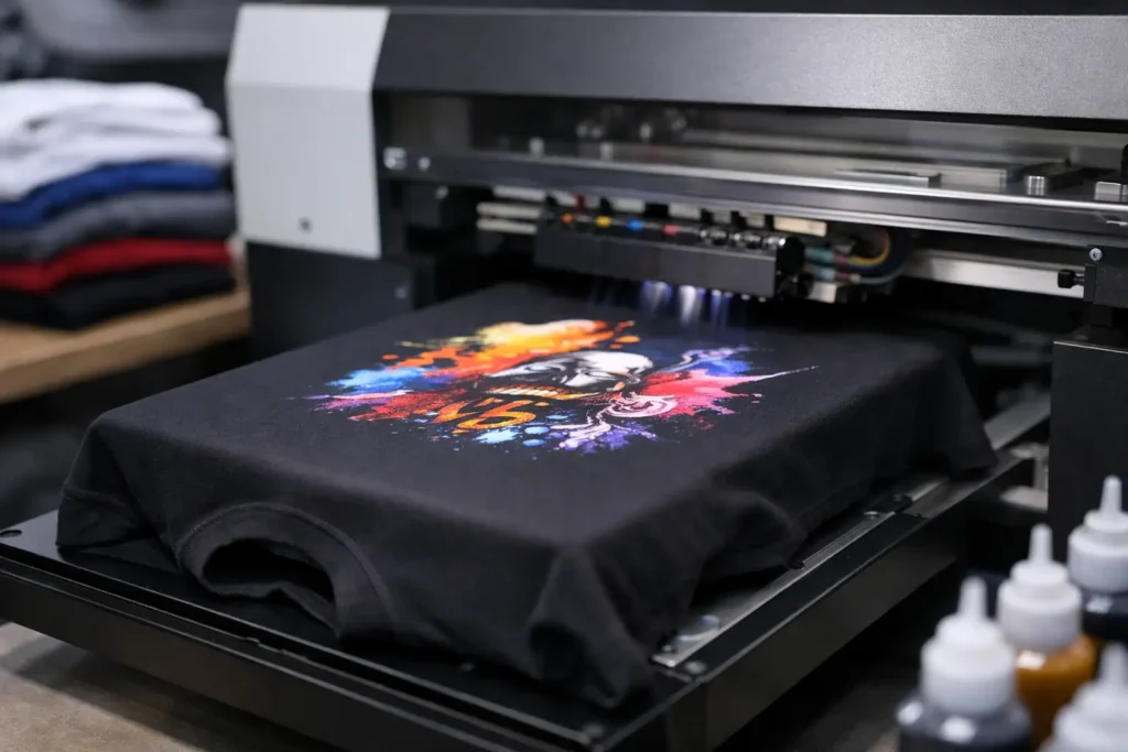 Direct-to-garmentprinter die een kleurrijk ontwerp op textiel print