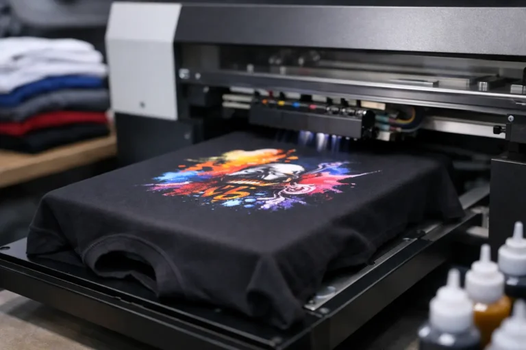 Direct-to-garmentprinter die een kleurrijk ontwerp op textiel print